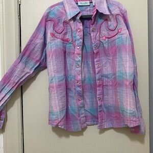 Wrangler Pink and Blue Button Down Shirt Rodeo Rhinestone
